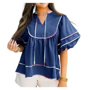 Cicy Bell Navy Blue Puff Sleeve Blouse Multi Color Ribbon Trim Split Neck Top